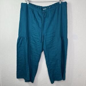 Soft Surroundings Teal Blue Pull On knee length Pants 100% linen comfort Size 1X